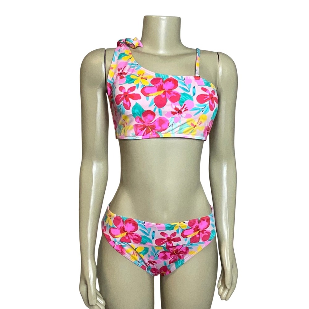 The Blushing Brunette Womens Pink Floral One Shoulder Bikini Set Swimsuit Size M